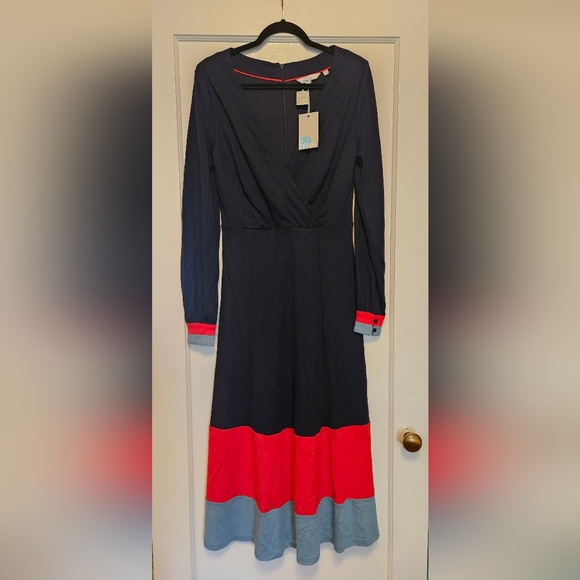 Boden Navy Long-Sleeve Midi Dress with Red and Light Blue Bands